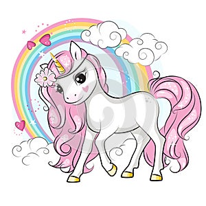 Colorful illustration with cute unicorn and rainbow