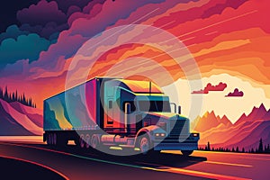 Colorful illustration of a delivery truck transporting goods on a busy highway with a beautiful sunset in the background