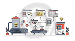 Colorful illustration depicting an AI workflow with machinery and digital interfaces.