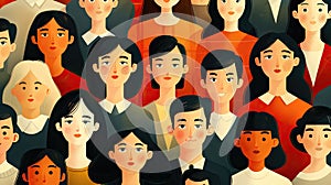 Colorful illustration of diverse faces in a crowd.
