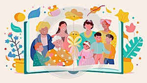 Colorful Illustration of Diverse Family Moments in a Storybook Setting photo
