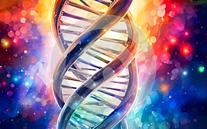 colorful illustration of dna molecular structure, abstract background with spiral of genetic research, generative AI