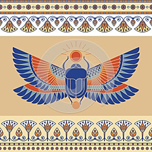 Colorful illustration of the Egyptian scarab beetle, personifying the god Hepri with seamless horizontal patterns.