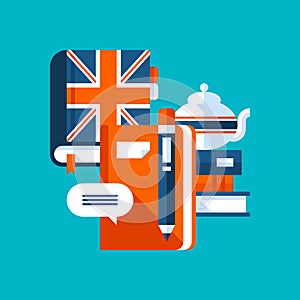 Colorful illustration about English in modern flat style. College subject icon. Books, notebook, white teapot.