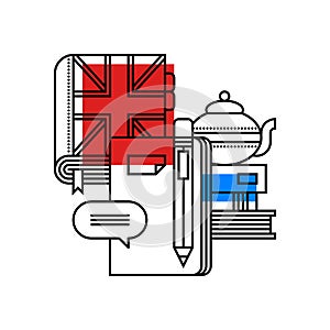 Colorful illustration about English in modern outline style. College subject icon.