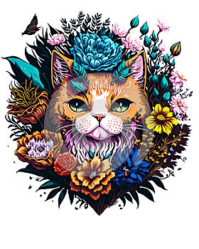 colorful illustration of a fantastic cat with flowers