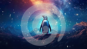 colorful illustration of fantastic penguin swimming in outer space with stars and nebula, fantasy bird in cosmos