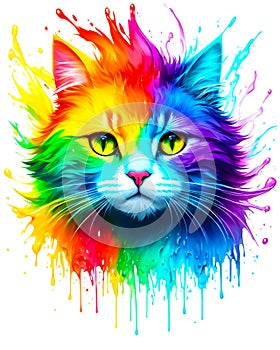 colorful illustration of a fantastic rainbow cat in splash style