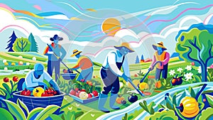 Colorful Illustration of Farmers Harvesting Fresh Produce in Sunny Rural Landscape Vector photo