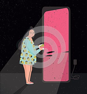 Colorful illustration featuring late night fridge raid. Sleepy woman is taking out pie from refrigerator. Eating at