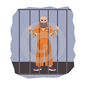 Colorful illustration featuring male prisoner under arrest. Angry man holding iron cell. Flat vector illustration.