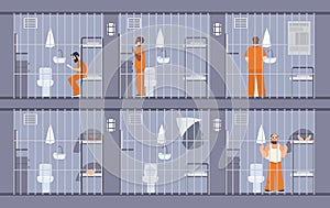 Colorful illustration featuring prisoners behind the bars. People in orange uniform. escape get out through wall in cell