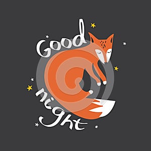 Colorful illustration with fox, stars and english text. Good night. Decorative cute background with animals, sky