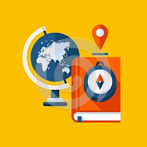 Colorful illustration about geography in modern flat style. College subject icon. Globe, book, compass.