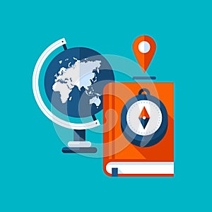 Colorful illustration about geography in modern flat style. College subject icon. Globe, book, compass.