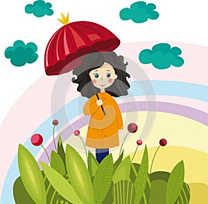 Colorful illustration with a girl with umbrella