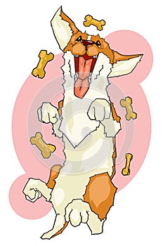 Colorful illustration of happy corgi with flying dog food