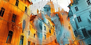 Colorful Illustration of Historic Urban Architecture with Vibrant Orange and Blue Buildings