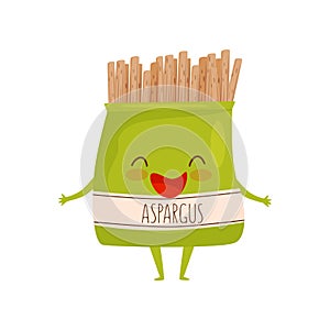 Humanized soy asparagus packaging. Healthy food. Cartoon character with happy face. Vegetarian nutrition. Flat vector