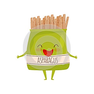 Humanized soy asparagus packaging. Healthy food. Cartoon character with happy face. Vegetarian nutrition. Flat vector