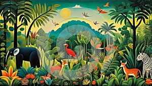 Colorful illustration of a jungle with an abundance of life