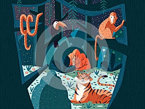 Colorful illustration of jungle scene with exotic animals. Forest at night with tiger, monkey, snake and toucan. Nature and trees