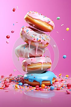 Colorful illustration of levitating donuts with sprinkles and candies