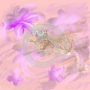 Colorful illustration in light purple, blue, pink a little cute fluffy African animal leopard with comically big glasses