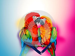 Colorful illustration of Macaw birds on pink blue background, copy space. Two colorful ara macao parrots kissing, being happy.