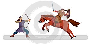Colorful illustration of the medieval battle with mongol army, archer, swordsman
