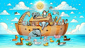 Colorful Illustration of Noah\'s Ark with Animals and Rain