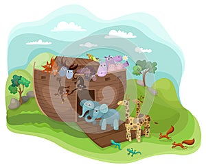 Colorful Illustration with Noahs ark full of animals