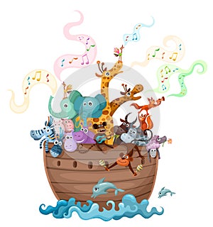 Colorful Illustration with Noahs ark full of animals