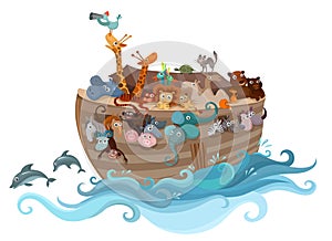 Colorful Illustration with Noahs ark in water