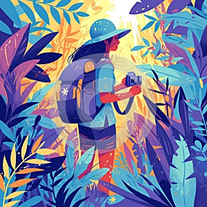 Colorful Illustration of a Person with a Backpack and Camera in a Jungle photo