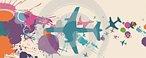 Colorful illustration of planes and creative splashes promoting peace and disarmament