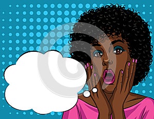 Colorful illustration in pop art style of beautiful african american woman`s face in shock emotions.