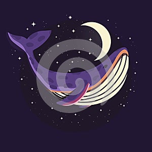 Colorful illustration portrait of cute whale in space with moon and stars. Hand drawn