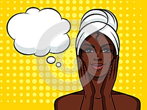 Colorful illustration of pretty african american girl with towel on her head .