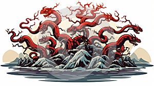 Colorful Illustration Of Red Serpents In Mountainous Vistas