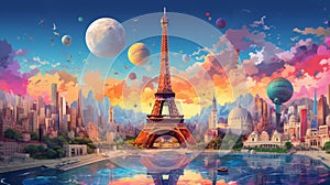 A colorful illustration representing the spirit of World Tourism Day famous landmarks from around the world, AI Generative