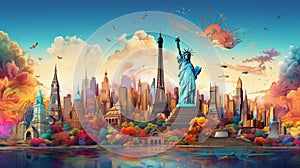 A colorful illustration representing the spirit of World Tourism Day featuring a collage of famous landmarks, AI Generative