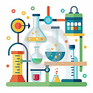 Colorful illustration of a science lab with beakers, flasks, and other equipm
