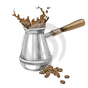 Colorful illustration of splash in cezve and coffee beans