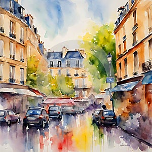 Colorful illustration of a street view of Paris.