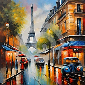 Colorful illustration of a street view of Paris.