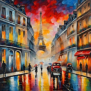 Colorful illustration of a street view of Paris.