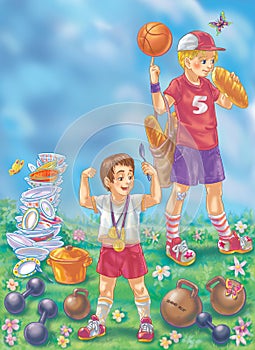 Colorful illustration of two boys with good appetite after sport activity