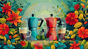 Colorful Illustration with Two Coffee Mugs and Geyser Coffee Makers