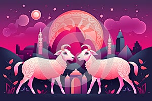 A colorful illustration of two sheep in front of a city with the sun behind them. AI generation photo